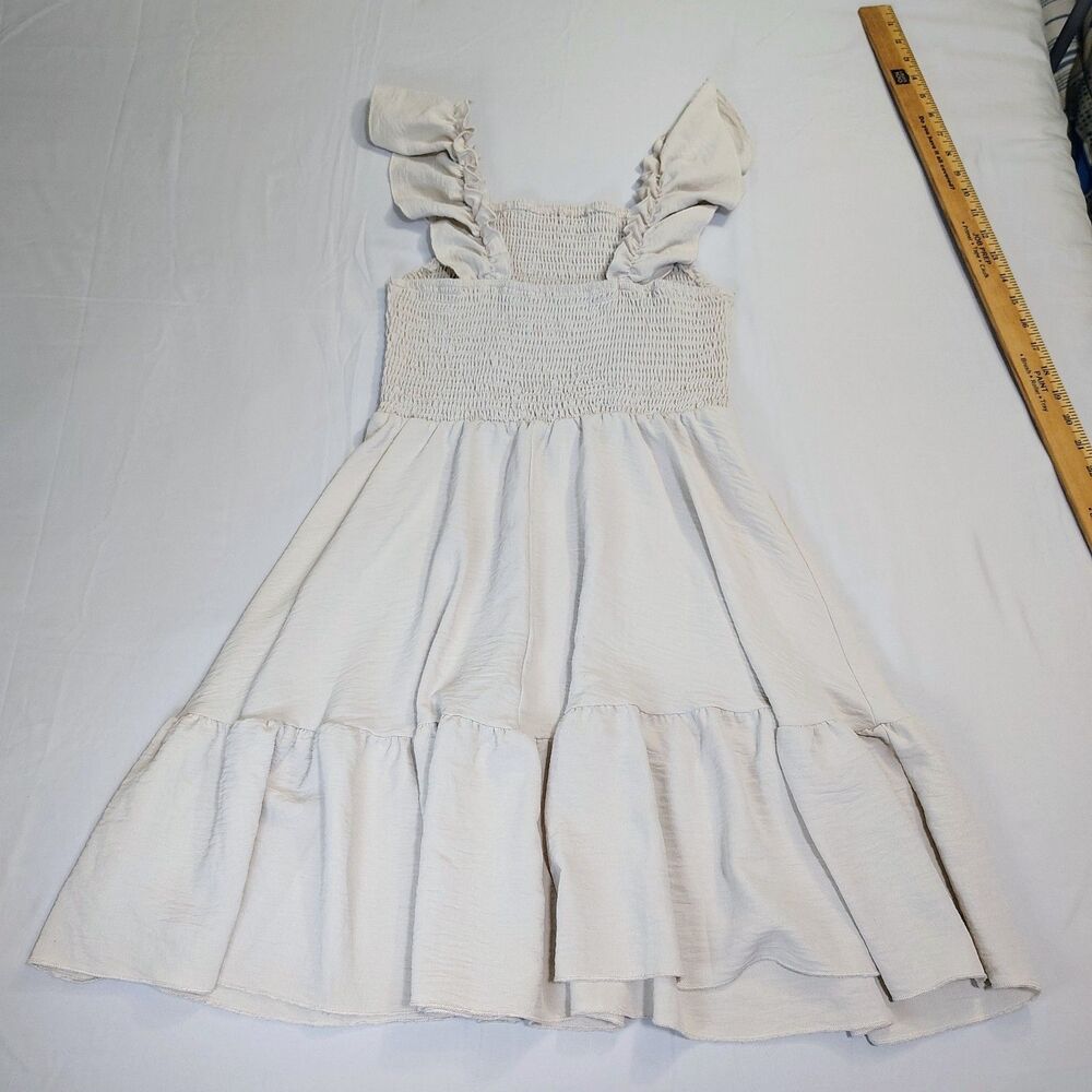 Beige Smocked Ruffle Sleeve Fit & Flare Dress Sz S Sun Dress Beach Coastal - Picture 5 of 5